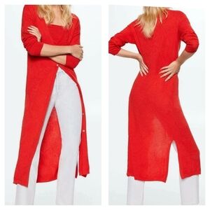 Mango MNG Red Longline Knit Duster Cardigan  Size L Button Front  Side Slits